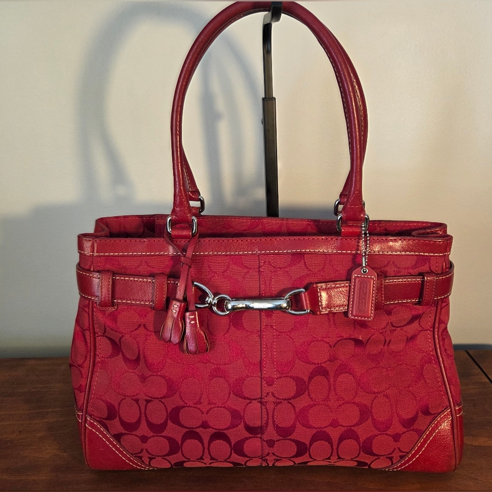 Coach 8K07 Red Hampton Bag Signature Jaquar Print